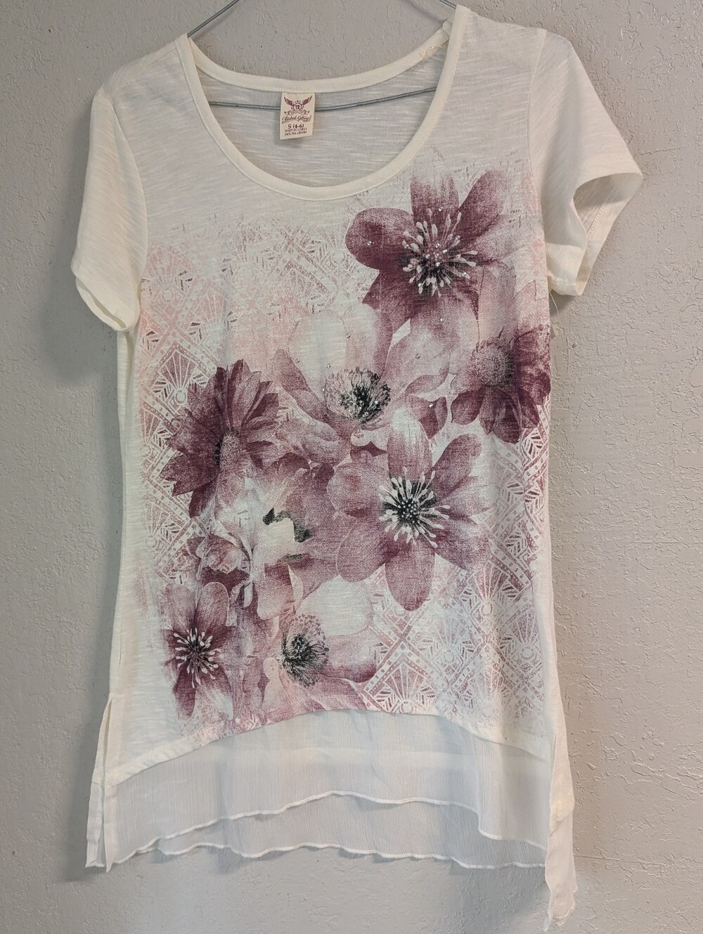 Faded Glory Floral Tee S Dusty Rose Bling Layered Hem Semi Sheer Fairy Cottage